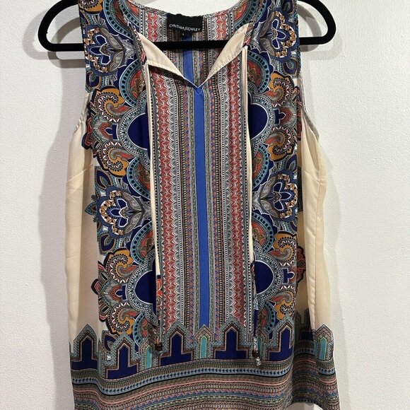 CYNTHIA ROWLEY Women Multi Print Chiffon Keyhole Tie at Neck Sleeveless Tunic L - Picture 1 of 7
